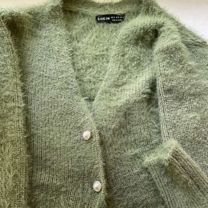 Olive Green Fuzzy Button Up Cardigan